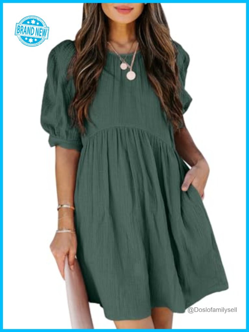 Womens Summer Crewneck Puff Sleeve Babydoll Mini Dress Loose Fit A Line